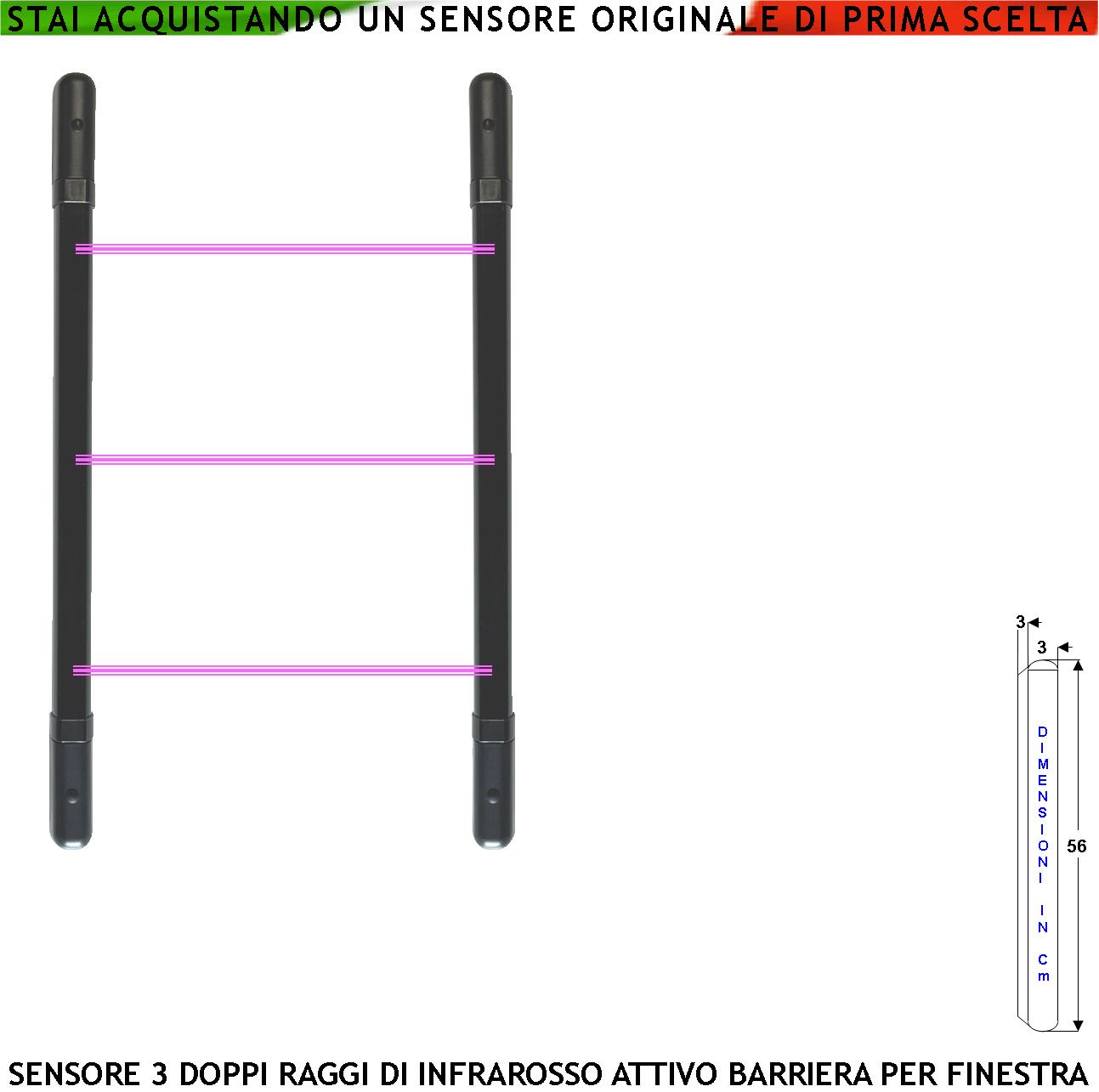 foto del prodotto barriera infrarossi attivi 3 multifasci secondo programmazione segnala allarme intruso rispetto a quanti fasci interrotti relè libero tamper esclusione led e cicalino alim. 12 v misure h560xl30xp30 mm