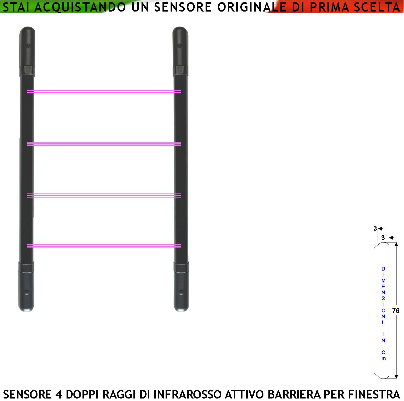 foto del prodotto barriera infrarossi attivi 4 multifasci segnalazione allarme rispetto a quanti fasci interrotti secondo programmazione relè libero tamper esclusione led e cicalino alimen. 12 v misure h760xl30xp30 mm