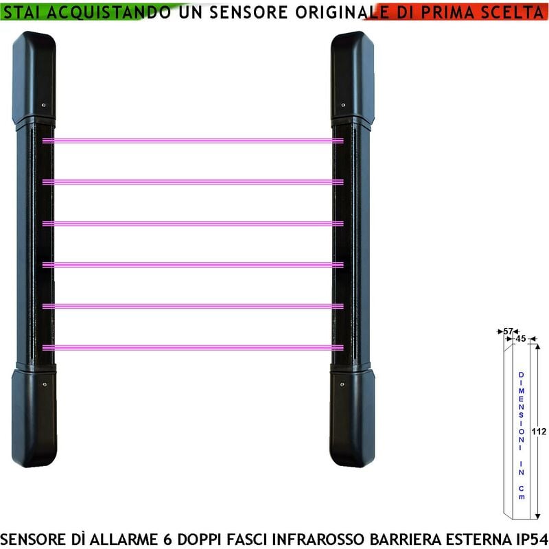 foto del prodotto barriera infrarossi attivi 6 doppi fasci sensore orientabile segnala allarme passaggio intruso protezione lineare portata 100 mt interno 50 mt