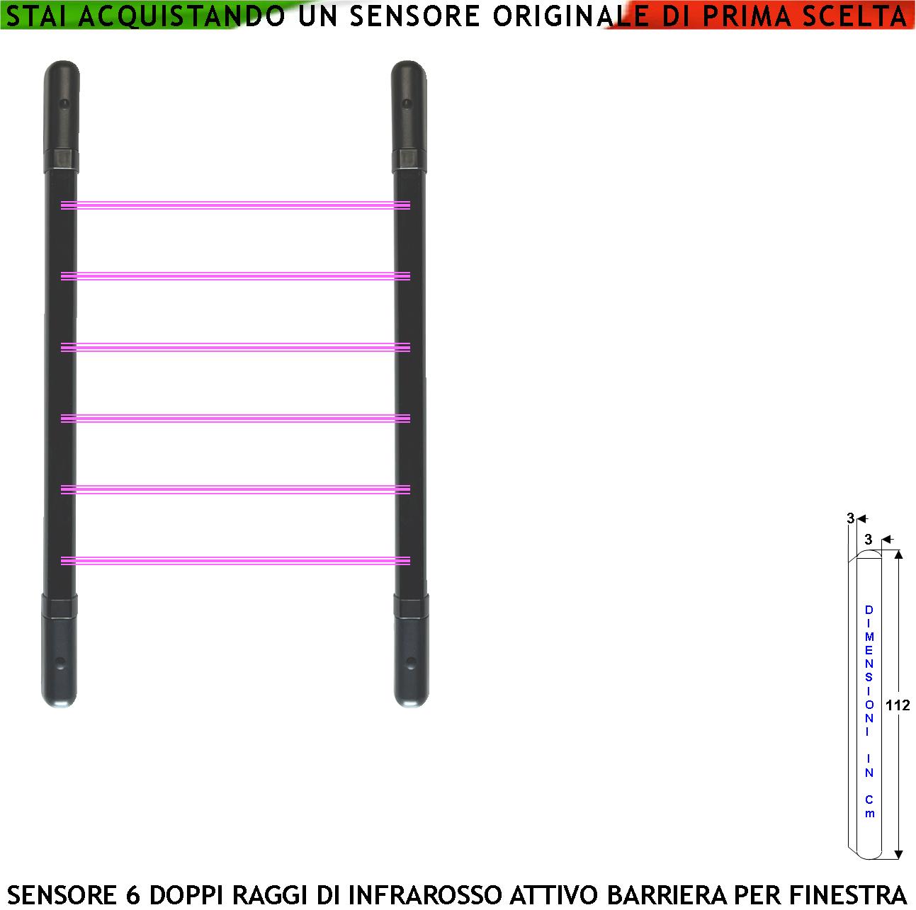 foto del prodotto barriera infrarossi attivi 6 multifasci segnalazione allarme rispetto a quanti fasci interrotti secondo programmazione relè libero tamper esclusione led e cicalino alimen. 12 v misure h1120xl30xp30 mm
