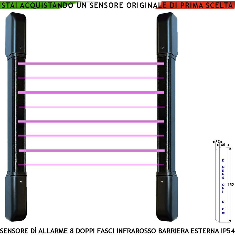 foto del prodotto barriera infrarossi attivi 8 multifasci portata 100 mt interno 50 mt esterno h 152 cm allarme intruso che ha interrotto i raggi impostati rel libero