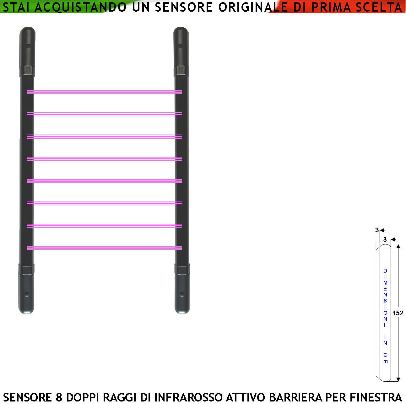 foto del prodotto barriera infrarossi attivi 8 multifasci segnala allarme intruso rispetto a quanti fasci interrotti sono programmati relè libero tamper esclusione led e cicalino aliment. 12 v misure h1520xl30xp30 mm