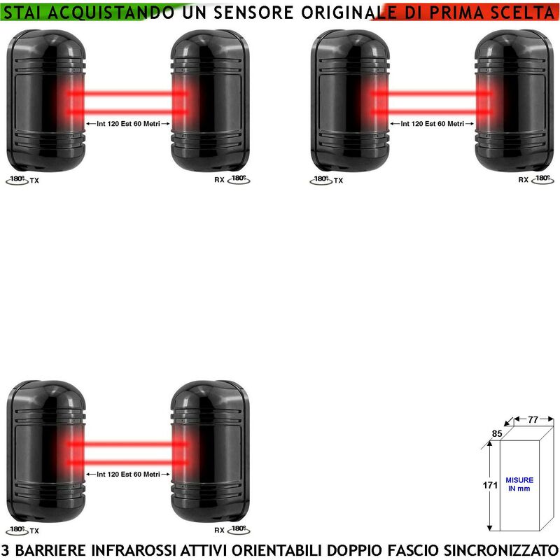 foto del prodotto barriera infrarossi attivi doppio fascio orientabile 3 pezzi sensore segnala allarme passaggio intruso protezione lineare portata 120 mt interno 60