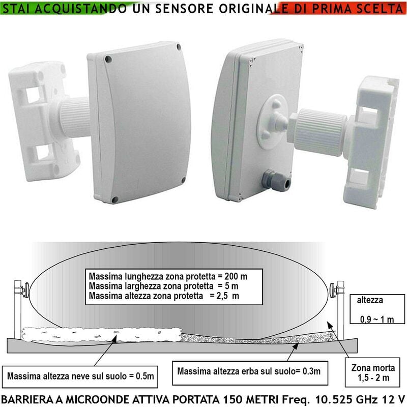 foto del prodotto barriera microonde attive sensore orientabile segnala allarme passaggio intruso protezione lineare da esterno portata max l150x 4 metri collegamento