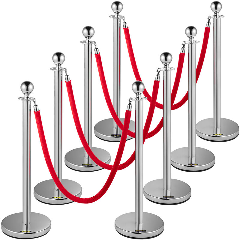 foto del prodotto barriere di controllo della folla tondo post palo con corda di velluto rosso, 8 pz 1,5 m palo separatore per dividere i corvi in banche, aeroporti,