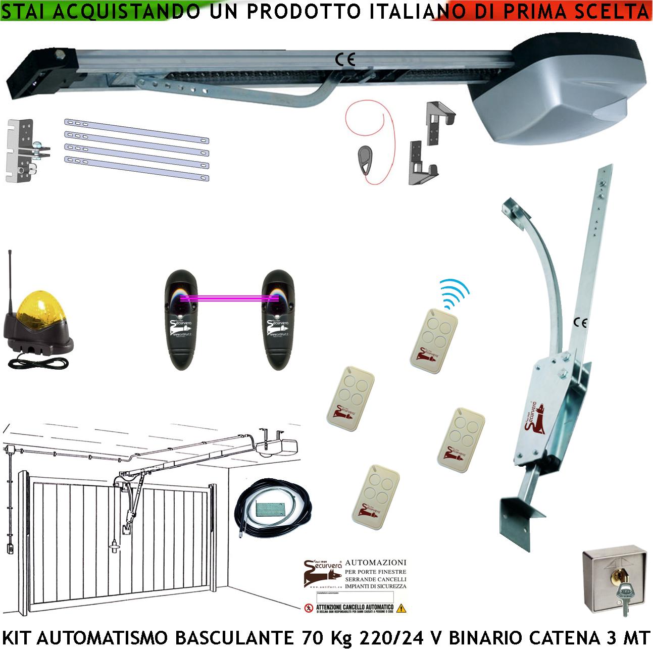 foto del prodotto basculante 70 kg kit automatismo motore 220/24 v da soffitto 4 radiocomandi faro antenna selettore binario alluminio catena acciaio 3 mt cordino x sblocco pattino archetto oscillante luce di cortesia