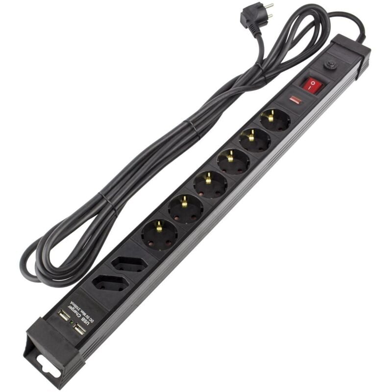 foto del prodotto base multipla a 6 spine di tipo f schuko protezione sovratensioni 2 spine di tipo c 2xusb 5m nero