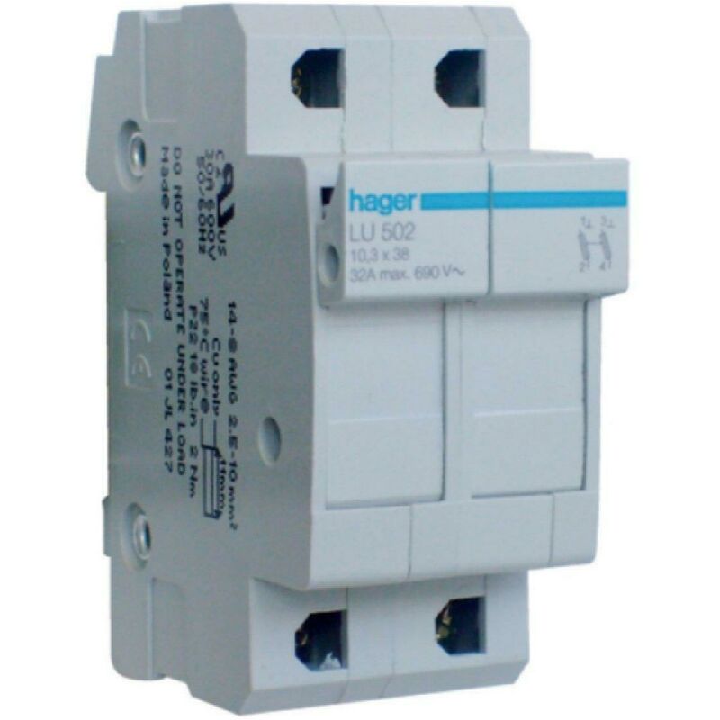 foto del prodotto base per fusibili cilindrici porta fusibile ul 10.3x38 2 poli 2 moduli lu502 hager