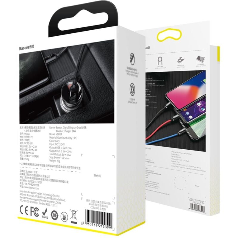 foto del prodotto basetech baseus ab2xusbakbk caricatore di dispositivo mobile universale nero, grigio accendino di sigarette auto
