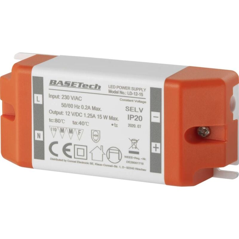 foto del prodotto basetech ld 12 15 trasformatore per led tensione costante 15 w 1.25 a adatto per mobili, sovratensione, montaggio su su