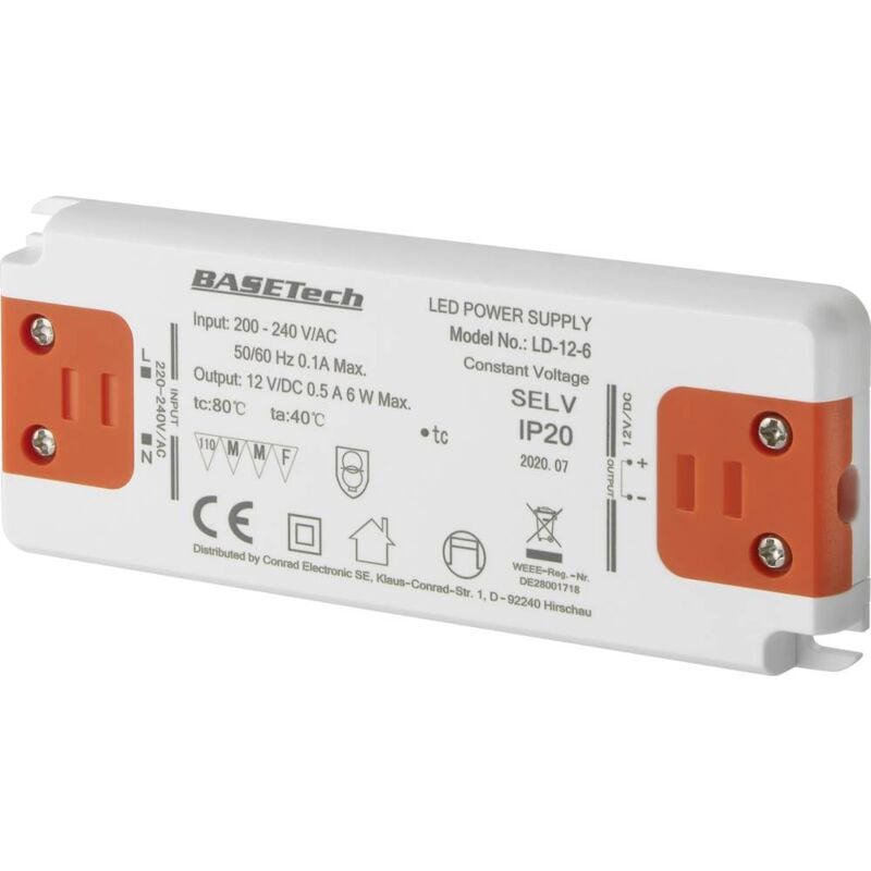 foto del prodotto basetech ld 12 6 trasformatore per led tensione costante 6 w 0.5 a adatto per mobili, sovratensione, montaggio su super