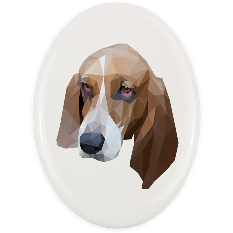foto del prodotto basset hound piatto con foto e iscrizione geometrica di art dog