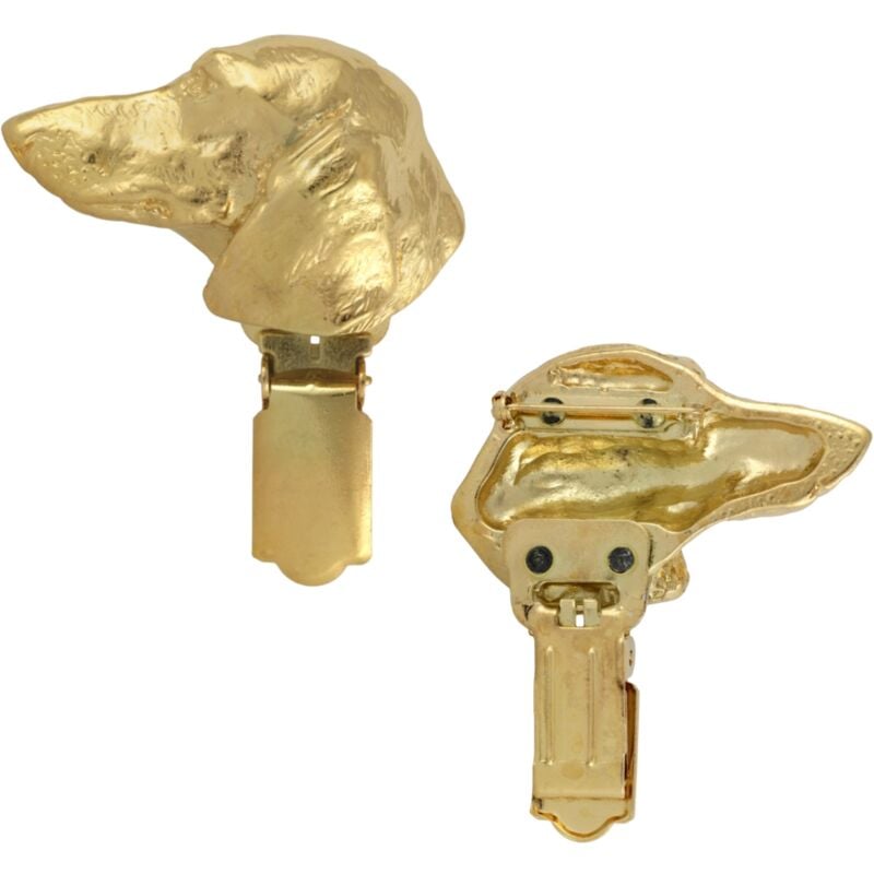 foto del prodotto bassotto a pelo corto spilla con clip, porta numero di partenza placcato in oro, elegante distintivo per esposizione canina di art dog