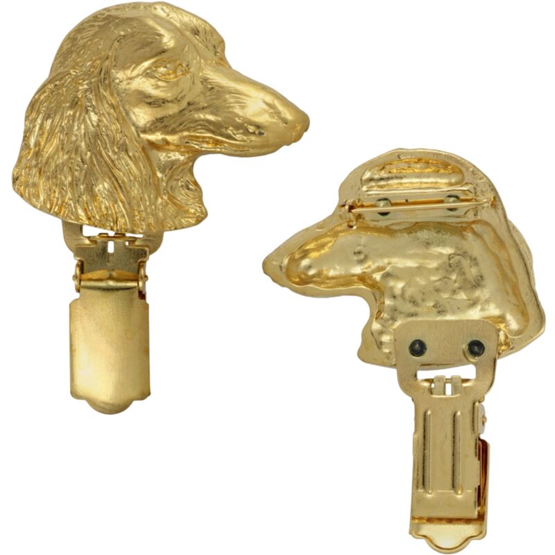 foto del prodotto bassotto a pelo lungo spilla con clip, porta numero di partenza placcato in oro, elegante distintivo per esposizione canina di art dog