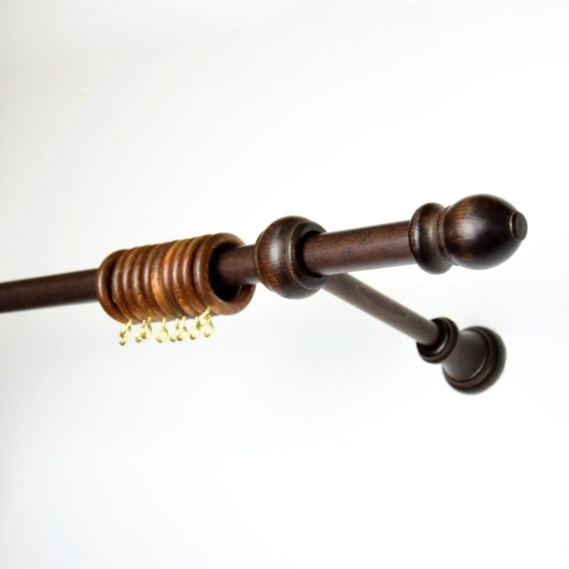foto del prodotto bastone tenda in legno diametro 23 mm per tende a strappo senza corda,con anelli, terminali e staffe, color noce 100 cm