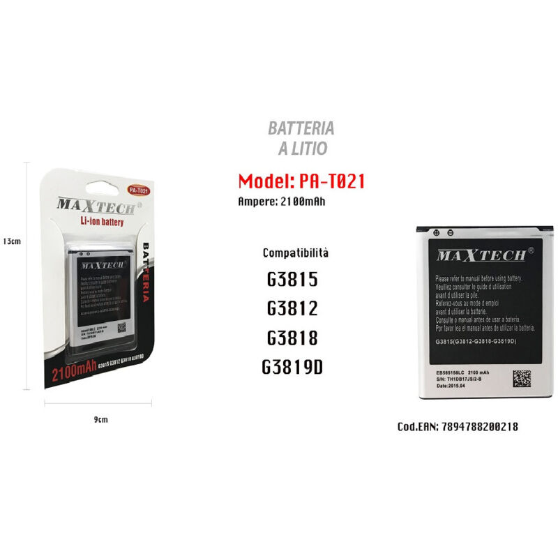 foto del prodotto batteria a litio 2100mah per samsung galaxy g3815 g3812 g3818 g3819d pa t021 maxtech