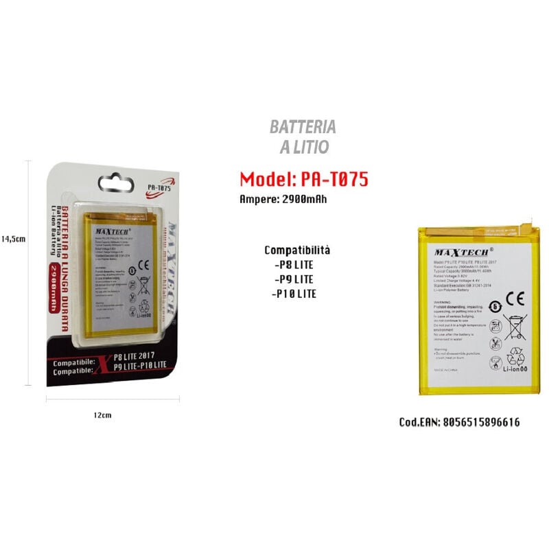 foto del prodotto batteria a litio 2900mah per huawei p9 lite p10 lite p8 lite 2017 pa-t075 - - maxtech