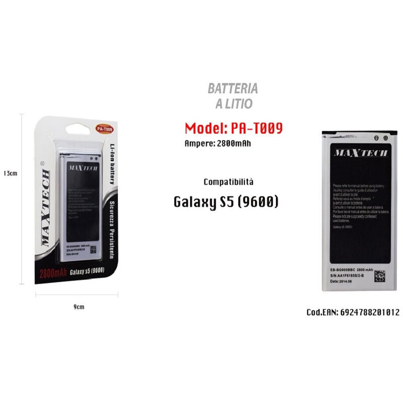 foto del prodotto batteria a litio compatibile galaxy s5 cellulare smartphone 2800mah pa-t009 - - maxtech