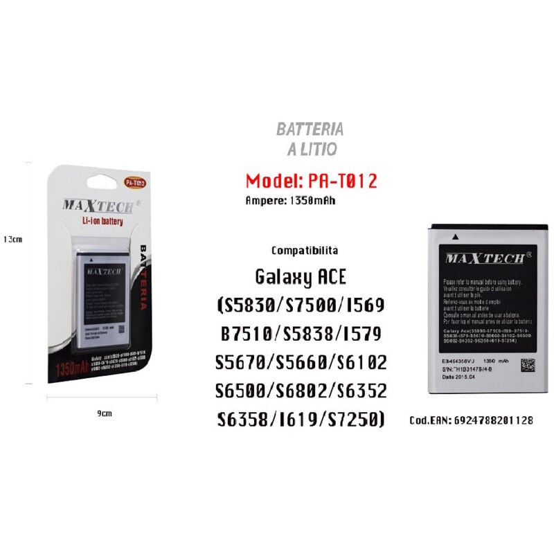 foto del prodotto batteria a litio per galaxy ace compatibile cellulare smartphone 1350mah pa-t012 - - maxtech