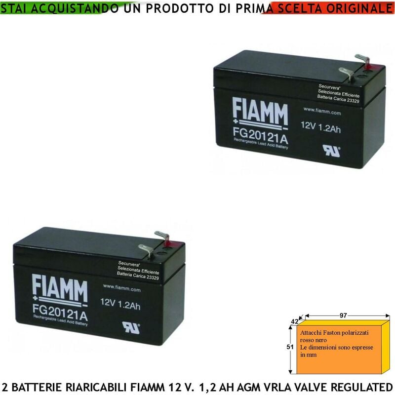 foto del prodotto batteria accumulatore 12 v. 1,2 ah 2 pezzi collegamento tramite 2 faston 5 mm polarizzati ermetica agm vrla valve regulated selezionata da securvera
