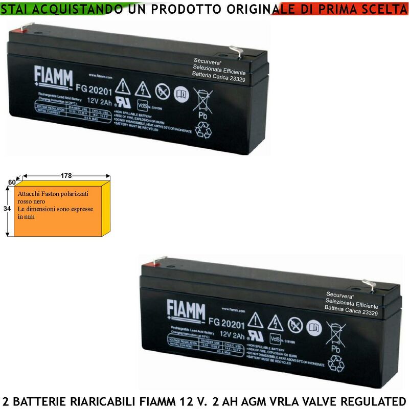 foto del prodotto batteria accumulatore 12 v 2 ah 2 pezzi. collegamento tramite 2 faston 5 mm polarizzati ermetica agm vrla valve regulated selezionata da securvera