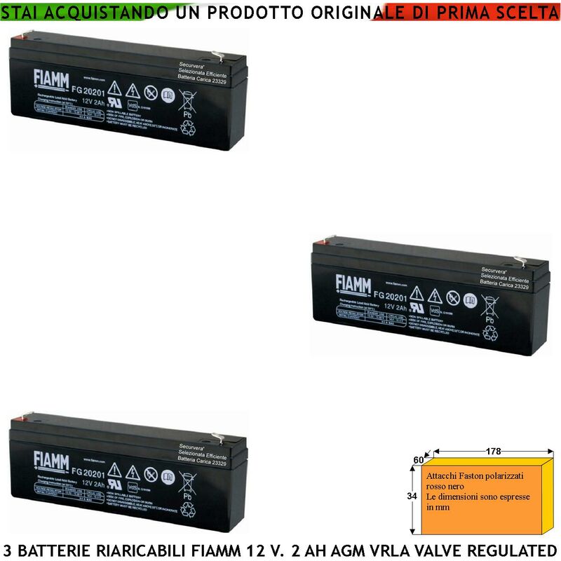 foto del prodotto batteria accumulatore 12 v 2 ah 3 pezzi. collegamento tramite 2 faston 5 mm polarizzati ermetica agm vrla valve regulated selezionata da securvera
