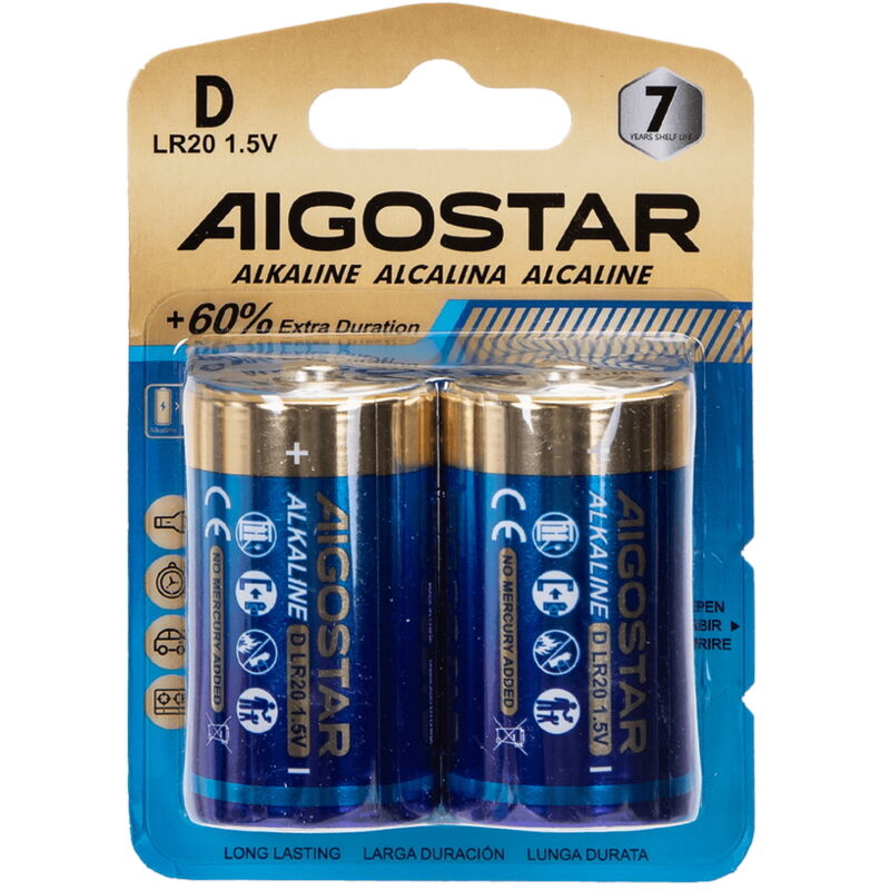foto del prodotto batteria aigostar 1,5v d torcia alcalina confezione da 2 pile