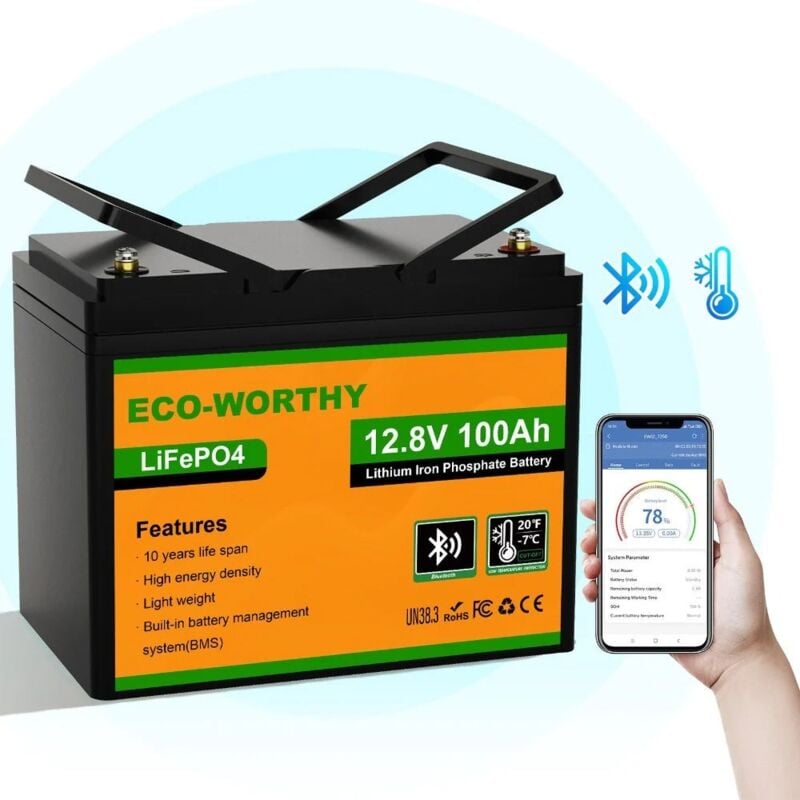 foto del prodotto batteria al litio 12v 100ah lifepo4 ricaricabile con oltre 3000 cicli profondi e protezione bms per sistema solare, camper, barca, casa, kit pannelli