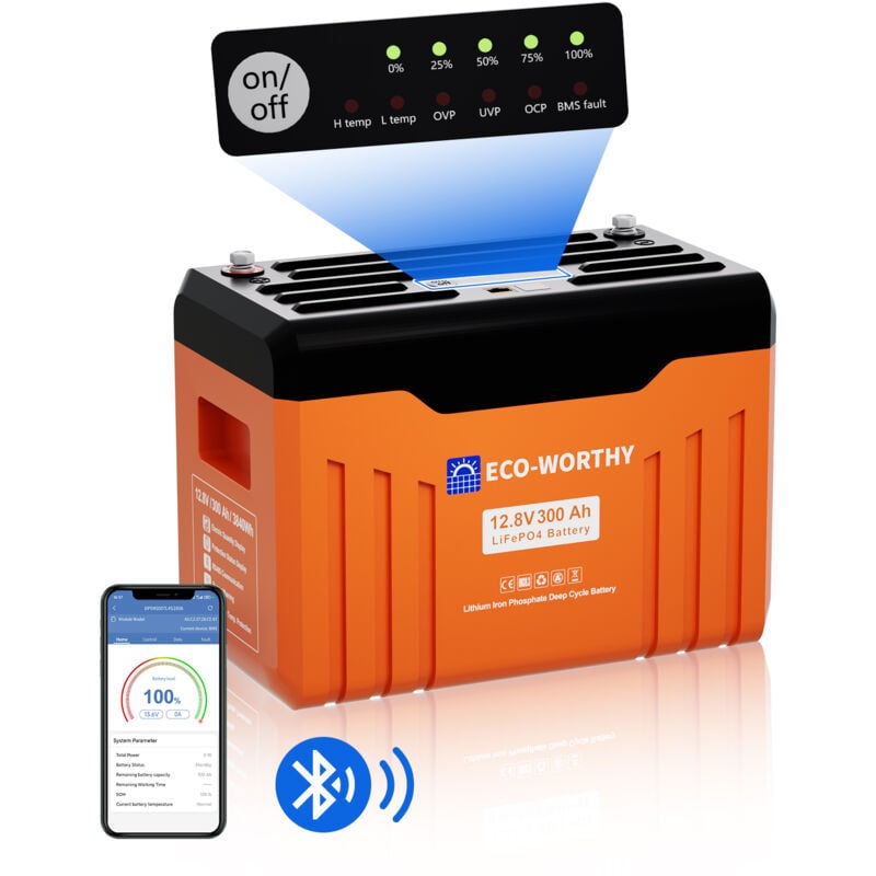 foto del prodotto batteria al litio 12v 300ah bluetooth lifepo4 lithium battery ricaricabile con oltre 6000 cicli profondi e protezione bms per sistema solare, camper,
