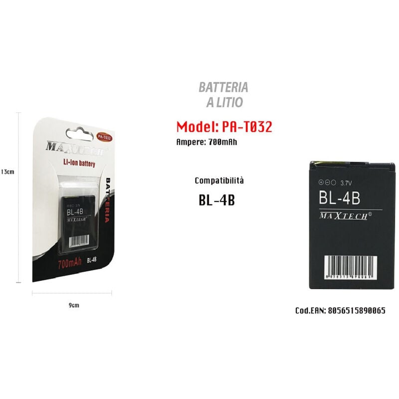 foto del prodotto batteria compatibile con bl-4b litio 700mah 3.7v batteria ricaricabile pa-t032 - - maxtech