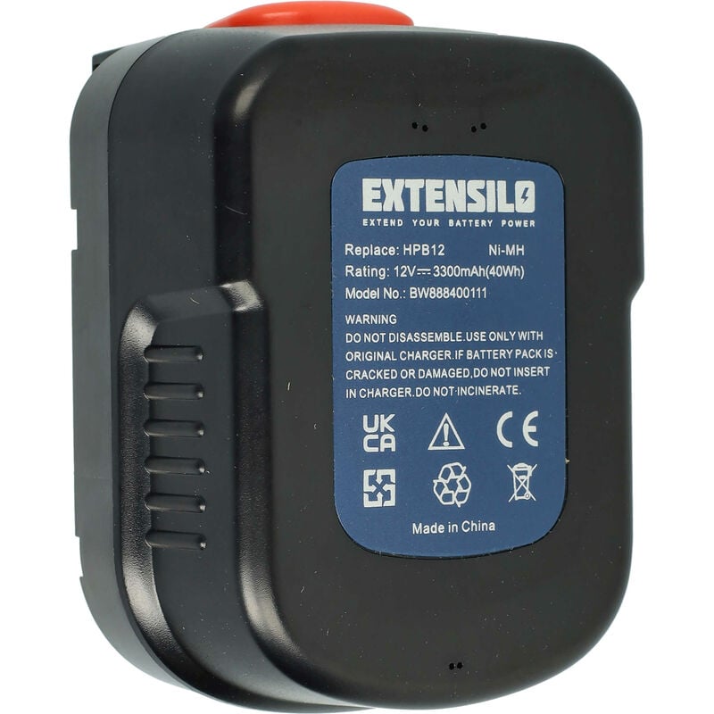 foto del prodotto batteria compatibile con black decker hp126f3k, hp126fbh, hp126fsc, hp126fsh attrezzo da lavoro 3300 mah, nimh, 12 v extensilo