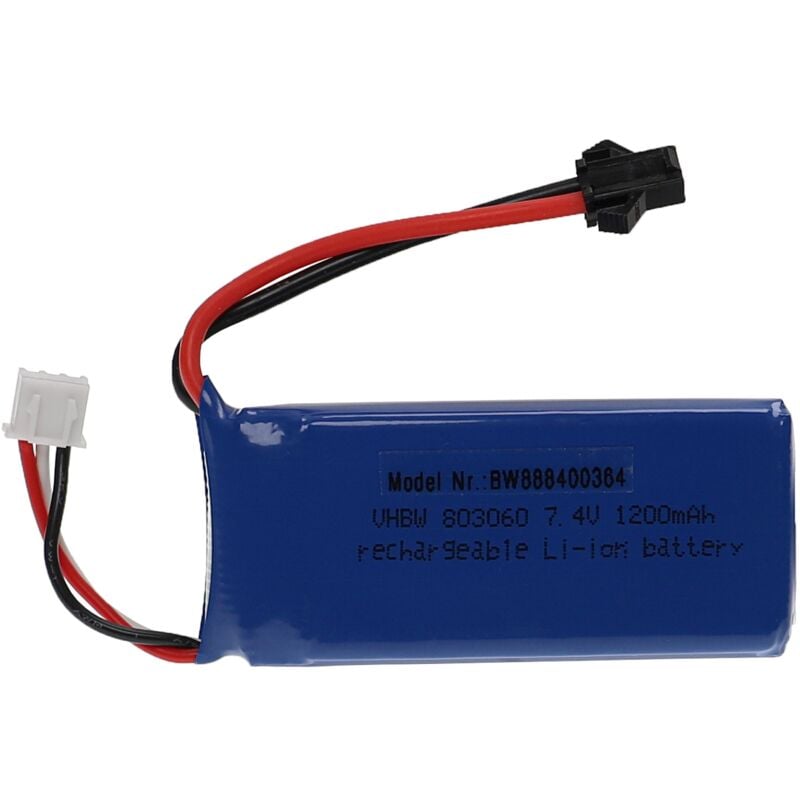 foto del prodotto batteria con sm-2p per modellismo per es. macchine da corsa, elicotteri, aerei (1200mah, 7,4v, li-poly, 70 x 30 x 18 mm) - vhbw
