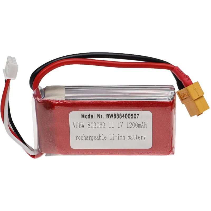 foto del prodotto batteria con xt60 per modellismo per es. macchine da corsa, elicotteri, aerei 1200mah, 11,1v, li poly, 73 x 31 x 15 mm vhbw