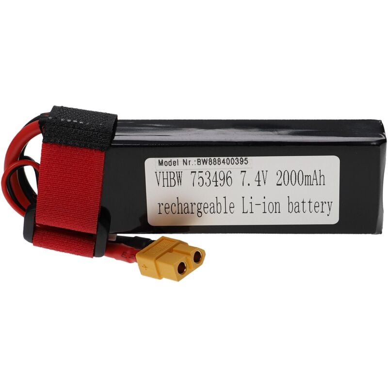 foto del prodotto batteria con xt60 per modellismo per es. macchine da corsa, elicotteri, aerei 2000mah, 7,4v, li poly, 105 x 36 x 17 mm vhbw