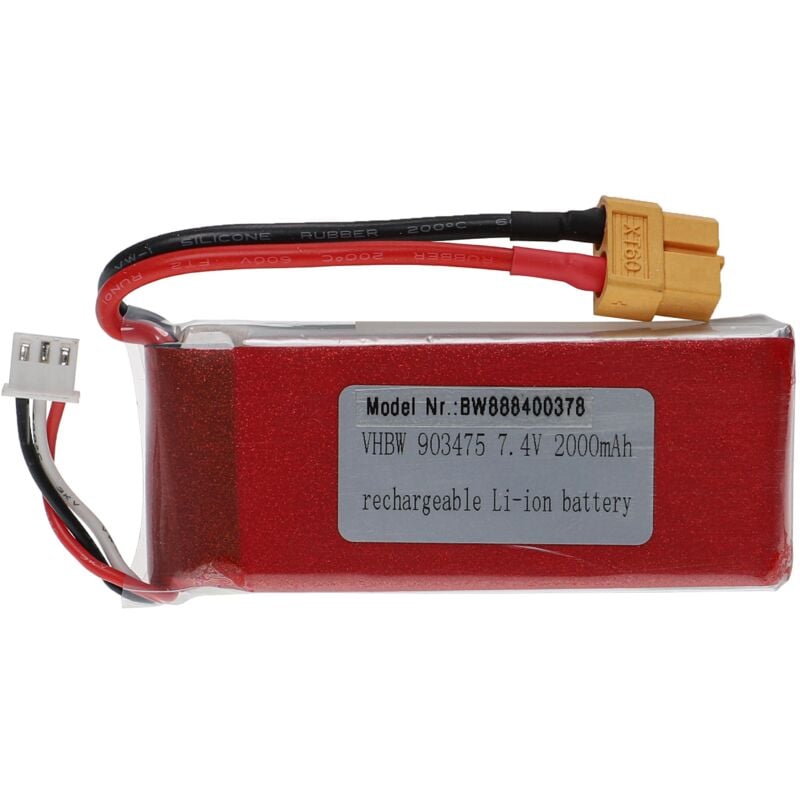 foto del prodotto batteria con xt60 per modellismo per es. macchine da corsa, elicotteri, aerei 2000mah, 7,4v, li poly, 84 x 35 x 19 mm vhbw