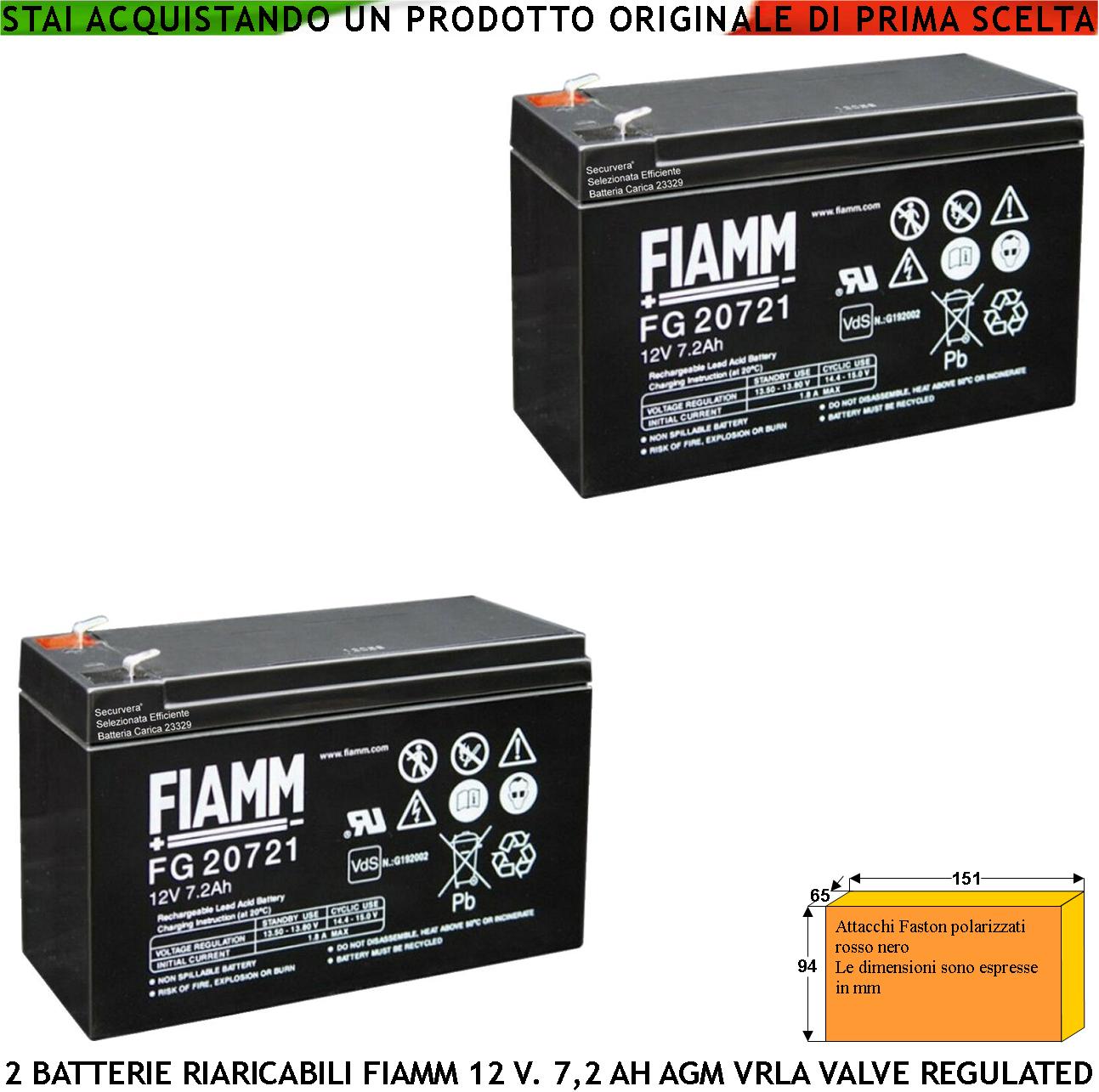 foto del prodotto batteria ermetica antincendio 12 v 7,2 ah 2 pezzi collegamento tramite 2 faston 5 mm polarizzati agm vrla valve regulated caricata marca fiamm prc selezionata da securvera misure l178xp34xh60 mm