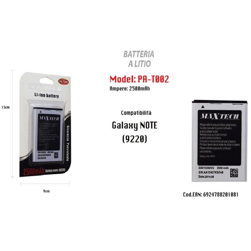 foto del prodotto batteria galaxy note a litio compatibile cellulare smartphone 2500mah pa-t002 - - maxtech