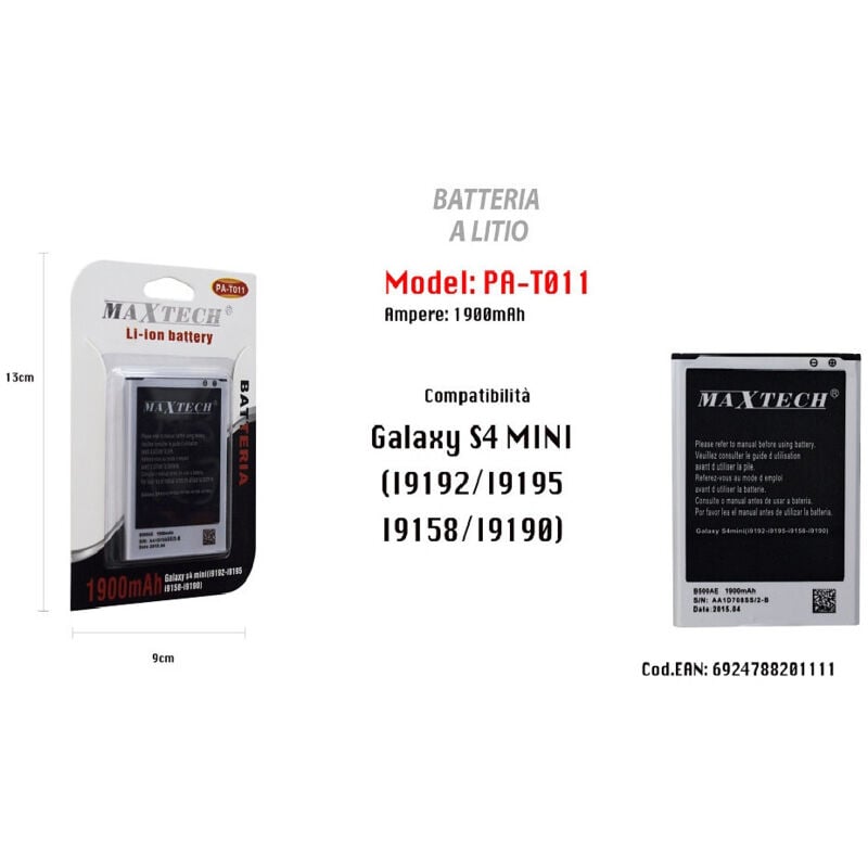 foto del prodotto batteria galaxy s4 mini a litio cellulare smartphone ricambio 1900mah pa-t011 - - maxtech