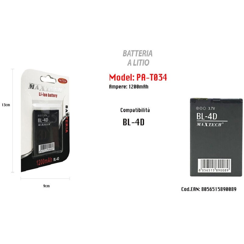 foto del prodotto batteria litio compatibile per bl-4d smartphone 1200 mah 3.7v pa-t034 - - maxtech