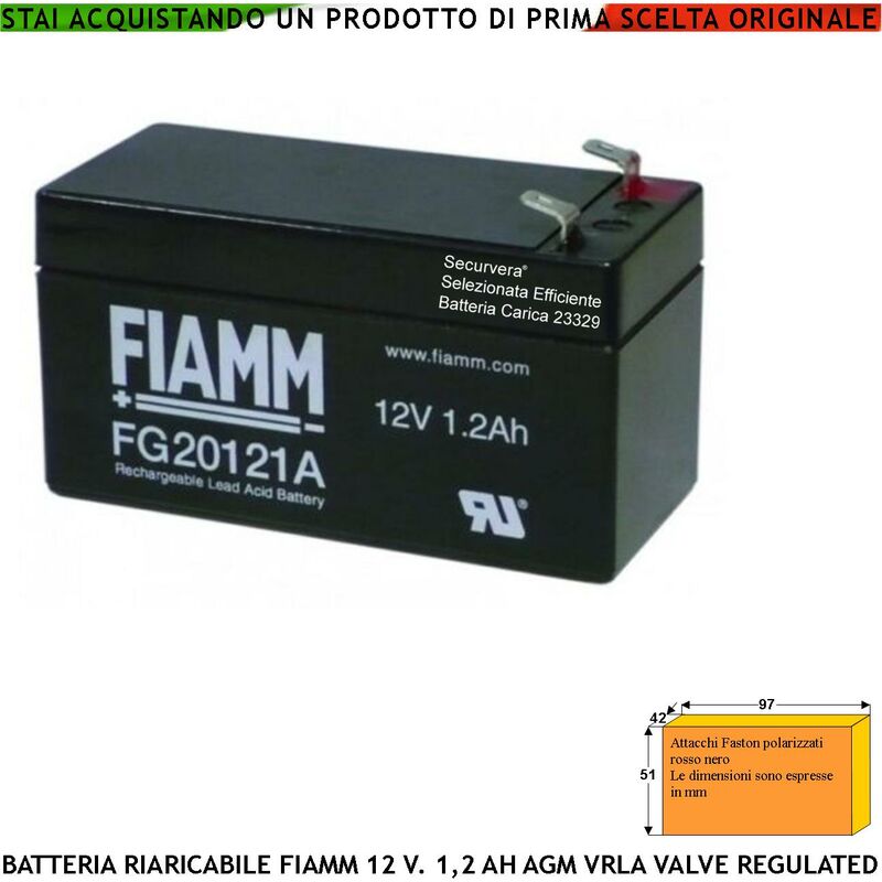 foto del prodotto batteria per sirena 12 v 1,2 ah ermetica agm vrla valve regulated collegamento tramite 2 faston 5 mm polarizzati selezionata da securvera batteria
