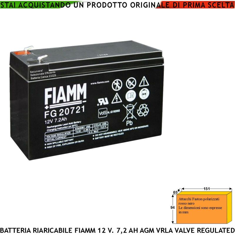 foto del prodotto batteria per sirena 12 v 7,2 ah collegamento tramite 2 faston 5 mm polarizzati ermetica agm vrla valve regulated selezionata da securvera caricata