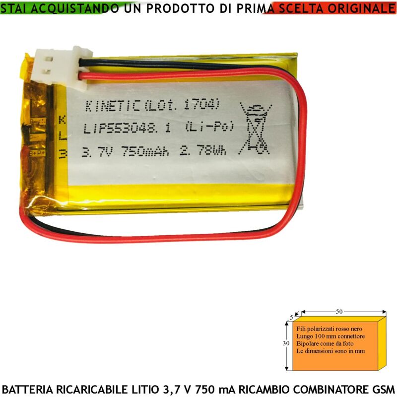 foto del prodotto batteria ricaricabile ai polimeri di litio tensione 3,7 v capacit tipica 700 ma protezione pcm e da cortocircuito tensione di carica 4,2 v ricambio