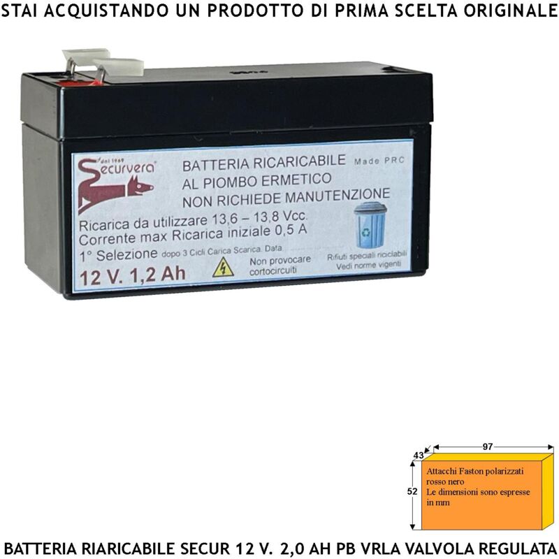 foto del prodotto batteria ricaricabile al piombo 12 v 1,2 ah collegamento tramite 2 faston 5 mm ermetica vrla regolata da valvola polarizzati caricata 3 cicli c/s