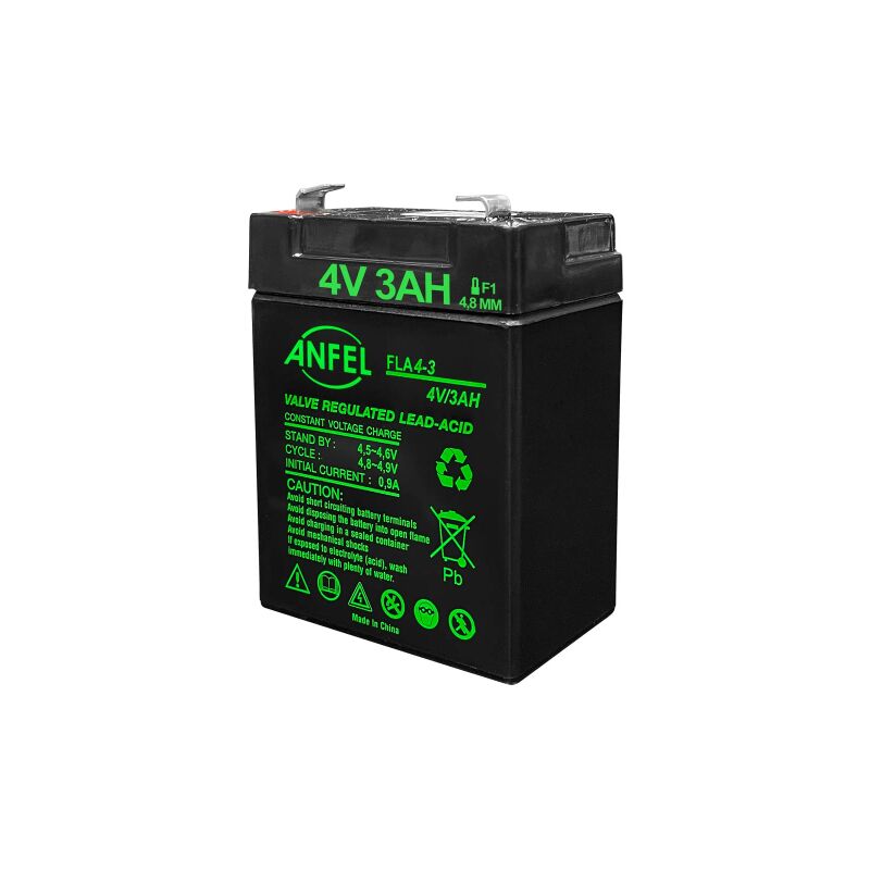 foto del prodotto batteria ricaricabile al piombo 4v 3a, attacchi faston f1 4,8mm, 4 volt 3 ah compatibile con lampade emergenza beghelli