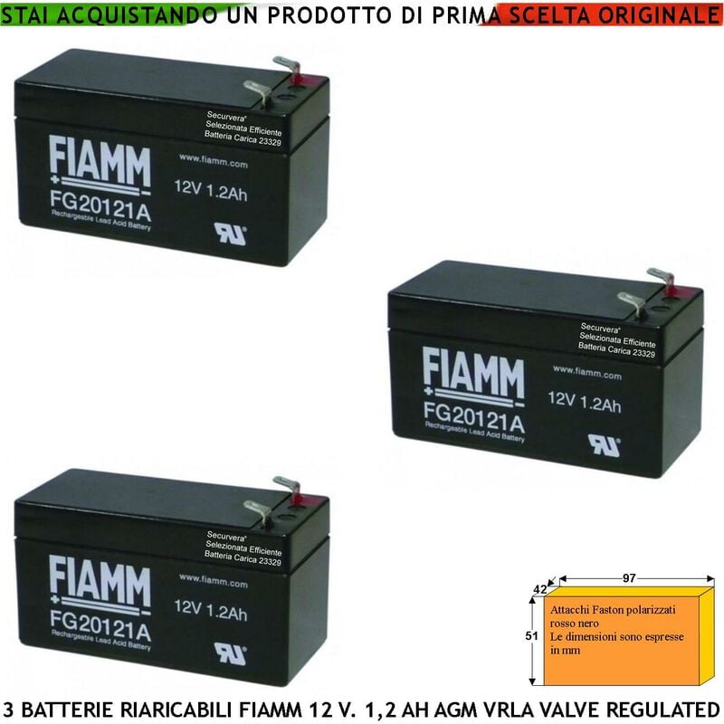 foto del prodotto batterie ricaricabili 12 v. 1,2 ah 3 pezzi ermetiche agm vrla valve regulated collegamento tramite 2 faston 5 mm polarizzati marca fiamm prc