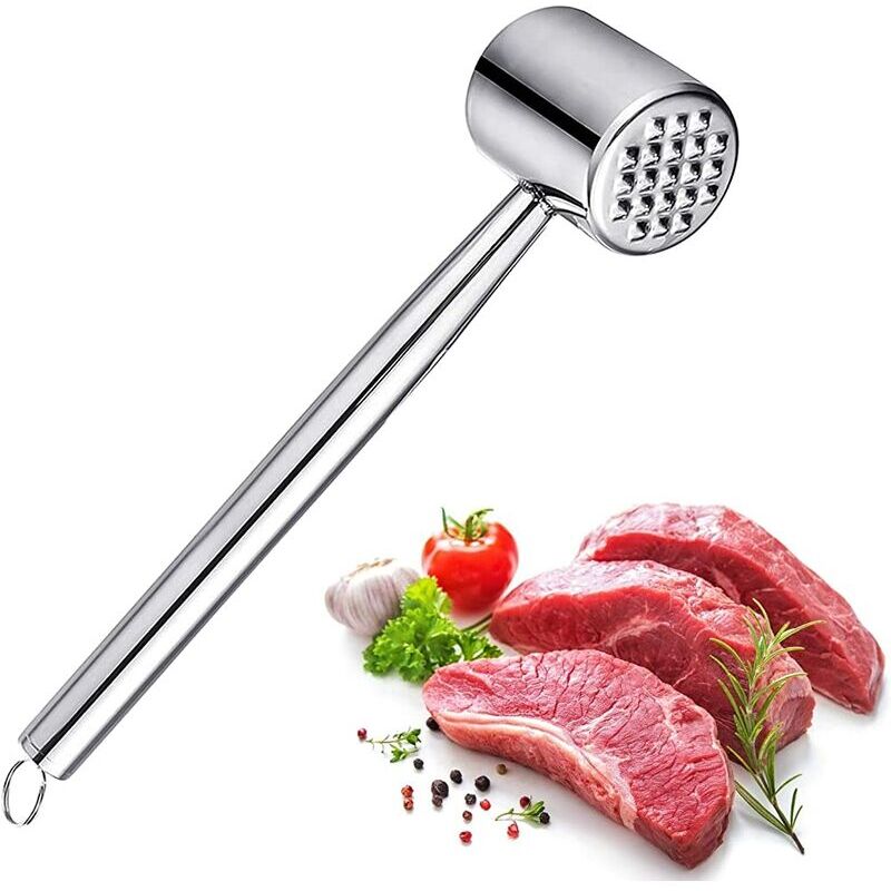 foto del prodotto batticarne in acciaio inox a doppia faccia, batticarne in acciaio inox 304, martello per carne per bistecche, pollo, pesce, maiale, lavabile in