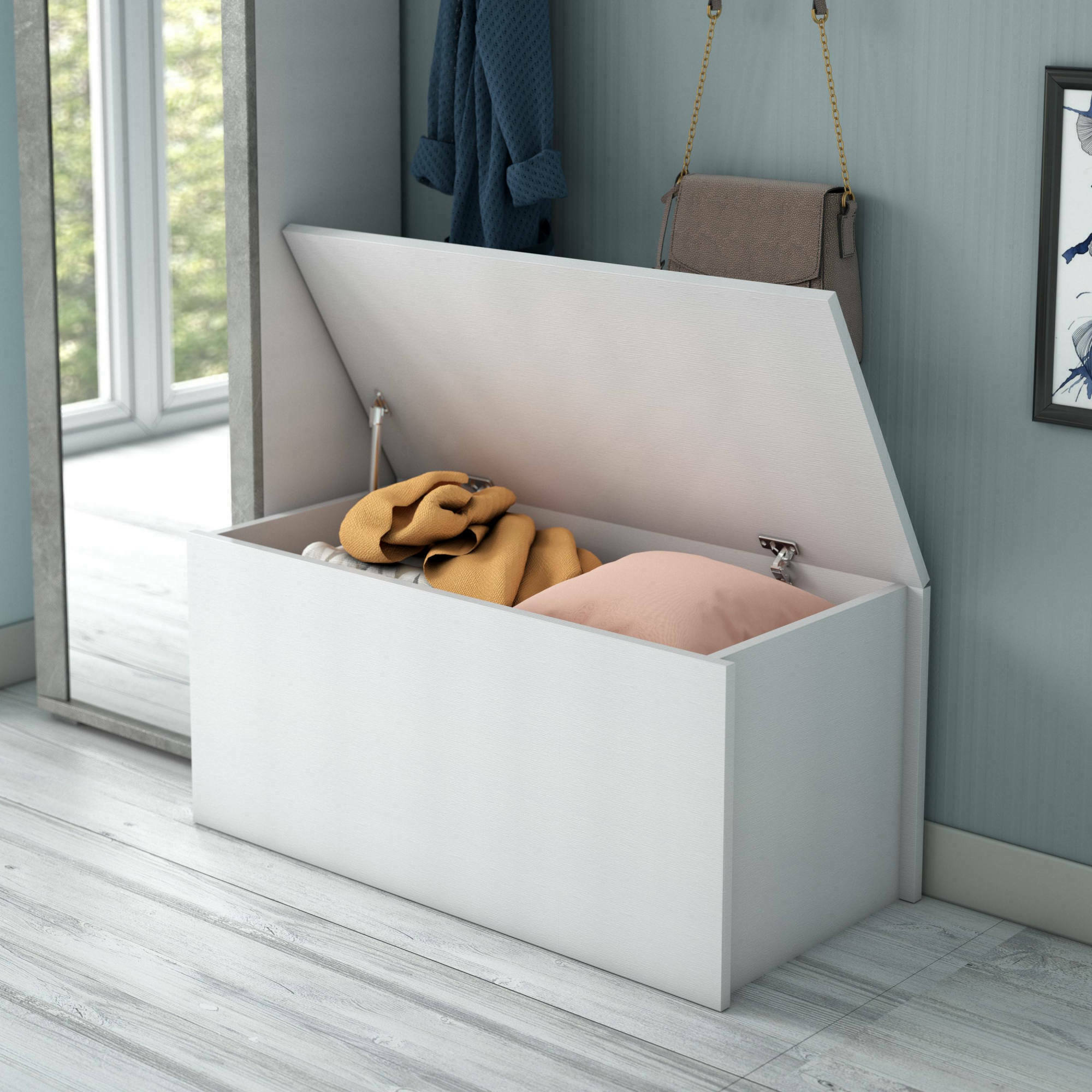 foto del prodotto baule ayusnay, capiente box contenitore multiuso, cassapanca moderna, made in italy, cm 90x45h45, bianco