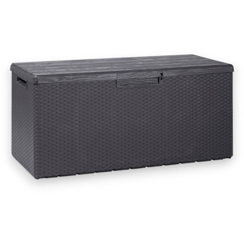 foto del prodotto baule contenitore 340 lt da esterno in resina antracite effetto rattan e coperchio effetto legno portofino