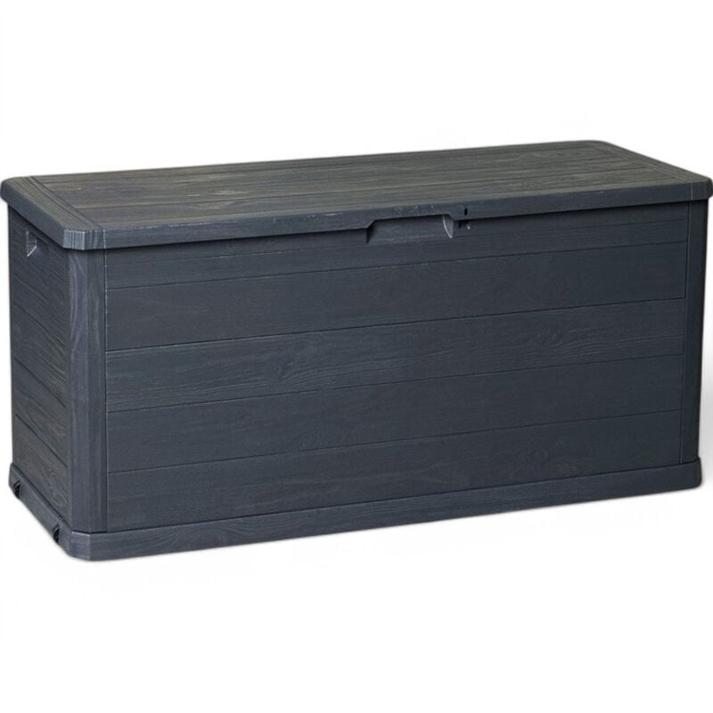 foto del prodotto baule contenitore da esterno in resina antracite effetto legno 280 lt