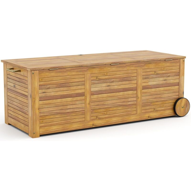 foto del prodotto baule da 182 litri con ruote, carico 150 kg, cassapanca da giardino in legno di acacia con 2 ruote, maniglia laterale e copertura impermeabile,